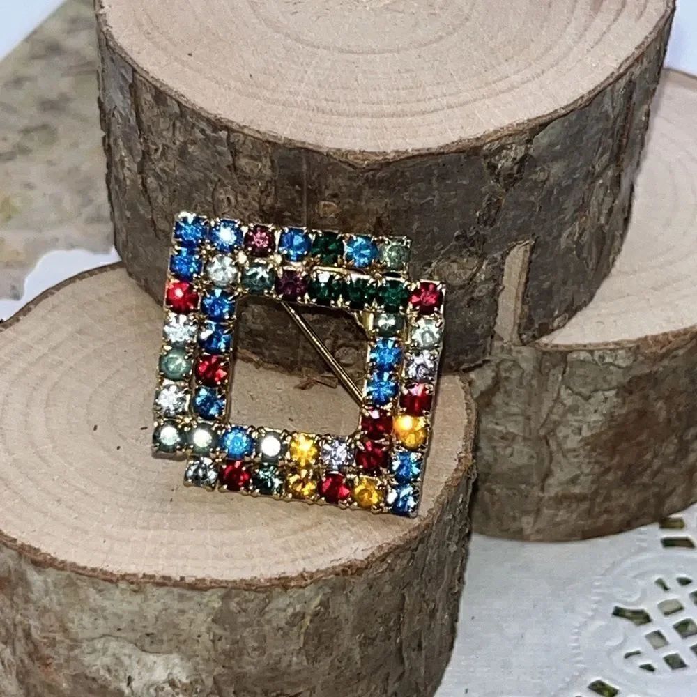 Vintage Gold-Tone Intertwined Multi-Colored Rhinestone Square Brooch